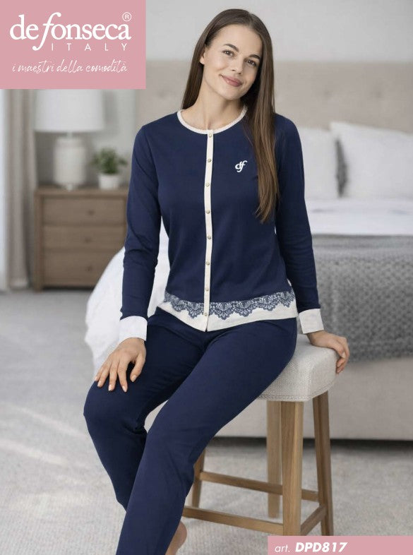 PIGIAMA DONNA INTERLOCK - DPD817 PIGIAMA BLU/PANNA