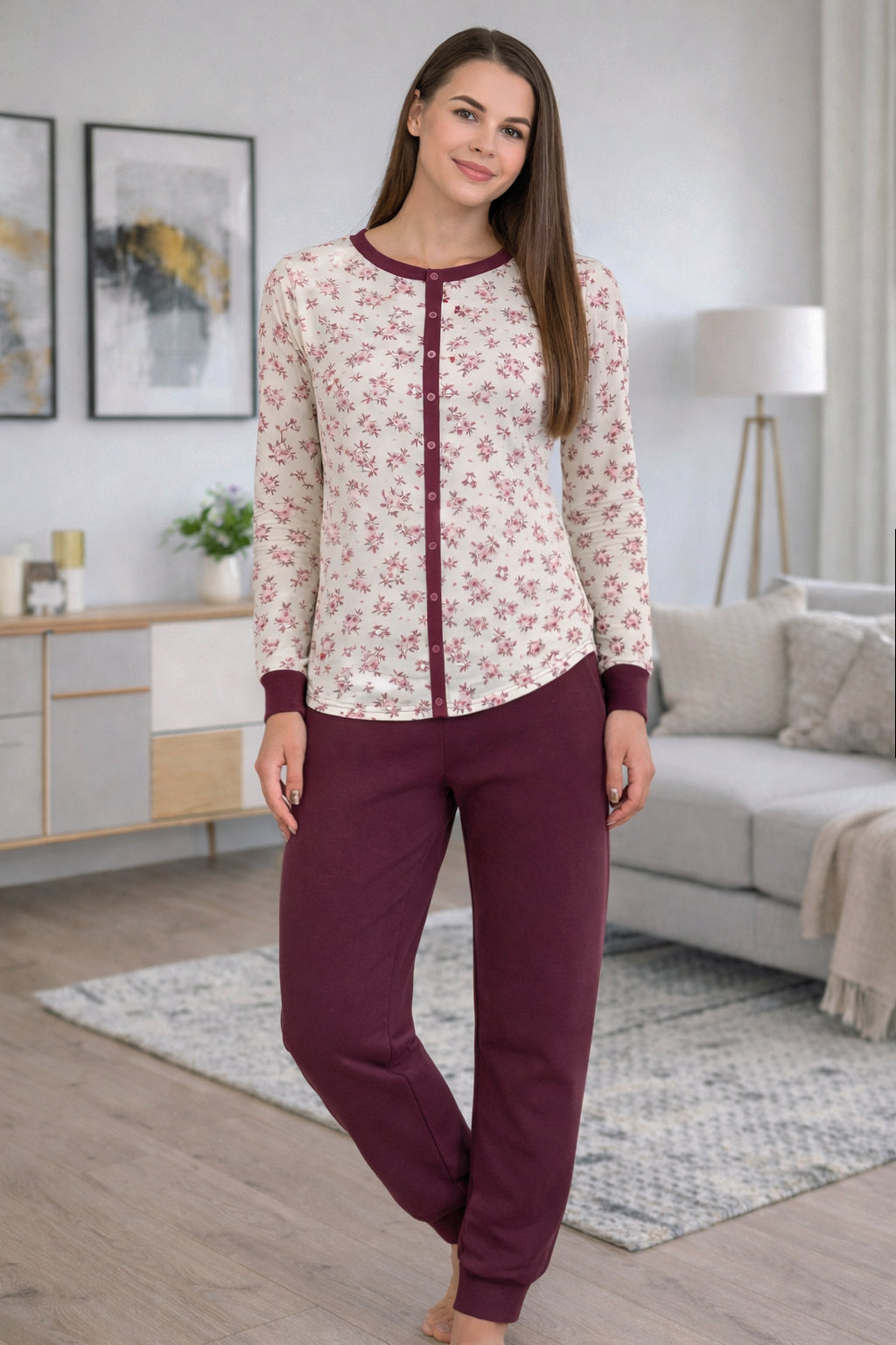 Pigiama donna in interlock con maglia stampata, modello DPD832 – Beige/Bordeaux