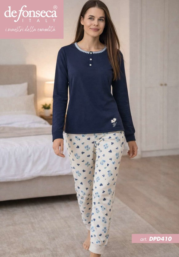 PIGIAMA DONNA INTERLOCK - DPD410 PIGIAMA  BLU/PANNA